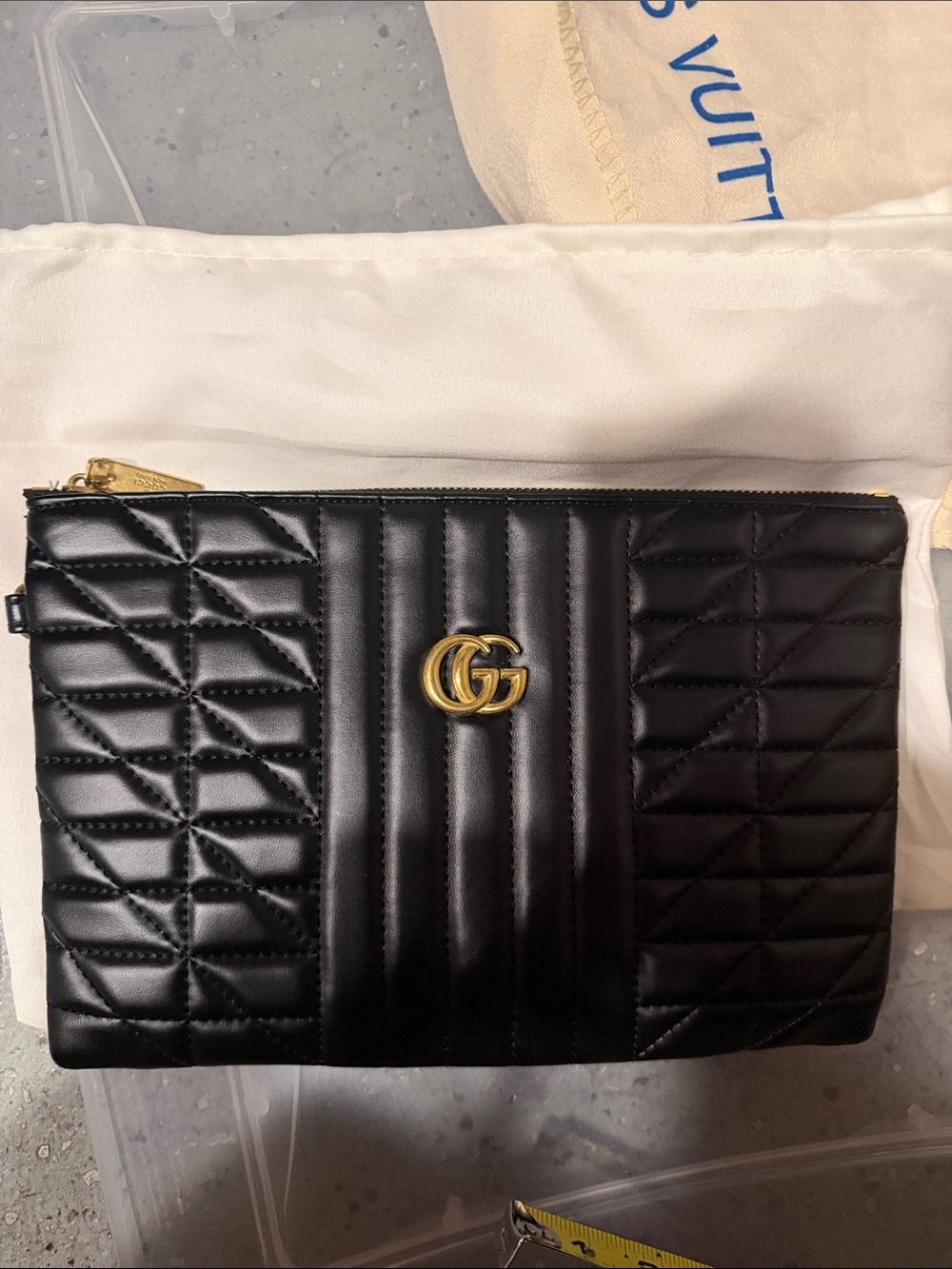 Inspired Collection Black Quilted Leather Pouch with Gold Hardware